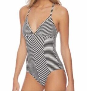Splendid Black White Striped Line In the Sand Textured One-Piece Swimsuit Size S
